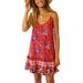 UKAP Women O-Neck Sleeveless Strappy Dress Ladies Summer Boho Floral Printed Ruffle Hem Sundress Red S(US 2-4)