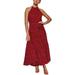 Womenâ€™s Casual Halter Neck Sleeveless Floral Long Maxi Dress Backless Loose Ruffle Sundress with Belt Red