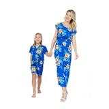 Matching Mother Son Hawaiian Luau Outfit Dress Shirt in Hibiscus Blue