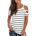 Lumento Women Striped Printed Short Sleeve T Shirts Blouse Casual Cut Out Sleeve Tunic Blouse Ladies Summer Beach Holiday T-shirt Tee