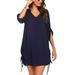 UKAP Women's Summer 3/4 Sleeve Casual Dresses Swing Cover Up Lace Up Adjustable Sleeve Chiffon Sundress Navy Blue M(US 8-10)