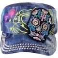 SILVERFEVER Women's Military Cadet Cap Hat - Patch Cotton - Studded & Embroidered (Dark Denim, Sugar Scull)