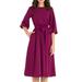 Women's Elegance Style Ruched Dress Round Neck 3/4 Sleeve Swing Midi A-Line Dresses