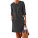 HIMONE Cotton Linen Short Dress for Women Casual Baggy Plain Pocket T Shirts Dresses Button Round Neck Tunic Dress Ladies 3/4 Sleeve Boho Shift Dress