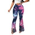 Aunavey Women's Tie-Dye Bell Bottom Jeans High Waist Tassel Denim Flare Pants