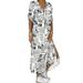 S-5XL Women Short Sleeve Long Maxi Dress Sexy V Neck Shirt Dress Newspaper Star Print Casual Dresses Plus Size