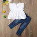 Toddler Baby Girl Ruffle T Shirts Dress Pearl Denim Jeans Pants Outfit Clothes Set