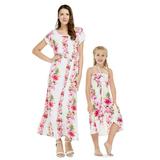 Matching Hawaiian Luau Mother Daughter Cap Sleeve Maxi Dress in Hibiscus Blue