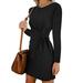 Fashion Women Solid Long Sleeves Dress Tie Knot Waist Ruched Front O Neck Autumn Spring Casual Dress