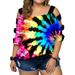 LilyLLL Womens Plus Size Tie Dye Print T Shirt Hollow Cold Shoulder Blouse Tops