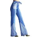 Casual Flare Pants for Women High Rise Jeans Classic Denim Trousers Oversized Self Belt Release Stretchy Bell Bottom Denim Jeans Pants for Ladies