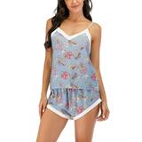 2Pcs Women Floral Print Camisole Pajama Set Short Sleeve Sleepwear Pjs Sets Ladies Sleeveless 2-Piece Nightwear Nightgown Adjustable Camisole Slip Home Sleepwear