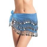 Plus Size XL Chiffon Belly Dance Hip Scarf Wrap Belt Tribal Sash Skirt Silver Coins - Turquoise