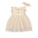 Toddler Baby Girl Solid Color Cotton Linen Ruffle Sleeveless Button Lace Dress+Headband Outfit Set Summer 2Pcs Clothes