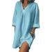 Women V Neck Cotton Linen Oversized T-Shirt Dress Tops Ladies 3/4 Half Sleeve Casual Baggy Short Dress With Pocket