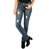 Elan Mid-Rise Destroyed Dark Blue Denim Jeans with Rips, Medium