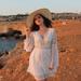 Hollow Out White Dress Sexy Women Mini Chiffon Dress Cross Semi-sheer Plunge V-Neck Long Sleeve Crochet Lace Dress