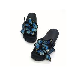 Daeful Women Butterfly Slippers Sliders Slip On Casual Shoes Summer Flats Beach Sandals Women's Fashion Slippers Flat Heel Sandals Backless Casual Shoes Butterfly Decor