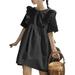 Women's Summer Short Sleeve Pleated Mini Dress Solid Color Casual Loose Tunic Dress