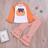 Staron 2pcs Set Toddler Baby Girls Halloween Pumpkin Long Sleeve Tops+Striped Bell-bottoms Pants