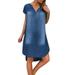 Cotonie Women's Summer Casual V Neck Denim Long Party Dresses Short Sleeve Swing Dress