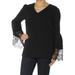 Nine West NEW Black Womens Size XS Lace Bell-Sleeve V-Neck Crepe Top