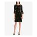 TOMMY HILFIGER Womens Black Floral Print Velvet Bell Sleeve Jewel Neck Above The Knee Sheath Party Dress Size: 16