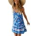 Avamo Women Sleeveless Adjustable Strappy Summer Beach Floral Flared Swing Dress Casual Loose Spaghetti Strap Cami Dresses Ruffle Hem Blue XL(US 12-14)