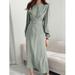 Celmia Women Vintage Crew Neck Logn Sleeve Party A-Line Maxi Dresses