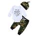 Baby Boys Fall Outfits, Cute Short/Long Sleeve Letter Print Romper + Camo Pants + Top Knot Hat 3Pcs Set