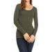 Women's Basic Stretch Pull On Casual Long Sleeve Scoop Neck Fitted Solid T-Shirt Top Olive L