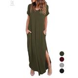 Gustavedesign Women Casual Long Pocket Dress Solid Color V Neck Short Sleeve Split Maxi Dress Loose Summer Party Beach Outfit Dress "Green, S"