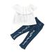1-5Y Fashion Kids Baby Girl Clothing Ruffle Collar White Solid Short Sleeve Top Blouse+Holes Denim Pants With Pockets 2pcs