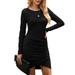 Women's Fashion Long Sleeve Crew Neck Bodycon Dress Stretchy Tulip Hem Ruched Casual Basic Short Mini Dresses,Black-S