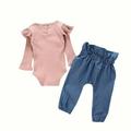 Baby Girl Cute Bodysuit Tops Outfits Set Soft Cotton Infant Girl Long Sleeve Clothes Sets 2pcs Toddler Autumn Romper Tops Denim Trousers Outfits Clothes 0-24month