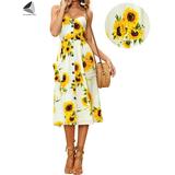 Sixtyshades Womens Casual Summer Dresses Spaghetti Strap Boho Sundress with Pocket Deep V Neck Floral Beach Dress (L, Yellow)
