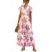 Avamo Women Boho Beach Dress Short Sleeve V-Neck Vintage Fashion Empire Waist Floral Printed Tiered Maxi Dress with Waistband Pink XL(US 12-14)