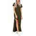 DYMADE Women's Solid Casual Maxi Dress Round Neck Stitching Ruffle Long Dress