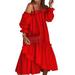 Womens Casual Off Shoulder Ruffles Dress Long Flare Sleeve Solid Color Loose Dress