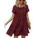 UKAP Women Short Sleeve Midi Dress Boho Beach Button Down Pleated Short Dresses Ladies Casual Flowy Tiered Dress Wine Red S(US 4-6)