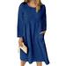 TWZH Women Casual Solid Color Crew Neck Pocket Long Sleeve Midi Dress