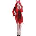 Wisremt Halloween Costume Robes Iron Chain Print Black Mesh Ladies Red Hooded Dress