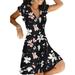 Women's Summer Plus Size V Neck Mini Dress Short Sleeve Lily Print Floral Beach Sundress