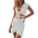 Women Sexy Deep V-Neck Short Sleeve Y2K Dress Summer Hollow Ruffled Skinny Midi Club Bodycon Dress