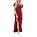 DYMADE Women's Solid Casual Maxi Dress Round Neck Stitching Ruffle Long Dress