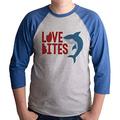 7 ate 9 Apparel Men's Love Bites Shark Valentine's Day Blue Raglan Shirt XL