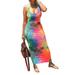 Women Tie Dye Sheath Print U-Shaped Neck Maxi Sleeveless Dress Summer