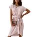 LAPA Womens Boat neck Belted Dress Stripe Short Sleeve Irregualar Hem Dress