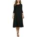 Women's 3/4 Sleeves Solid Color Casual Long Dress A-Line Flare Loose Swing Pleated Midi Dress