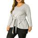 Women's Plus Size Loose Belted Knot Tie V Neck Knit Top